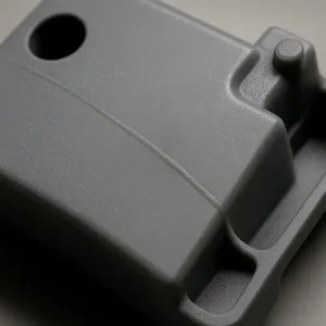 Weld line on an injection-molded plastic part, showing a visible seam where two melt fronts met and failed to fully fuse.