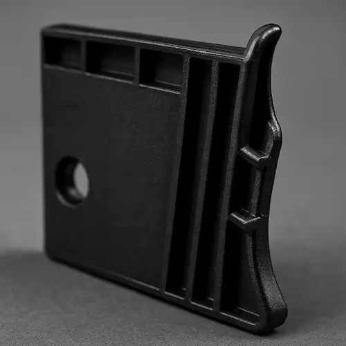 Severe warpage on an injection-molded part, with the ribbed edge bending due to cooling and shrinkage imbalance.