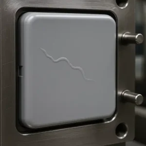Jetting defect on an injection-molded plastic part, showing a rope-like melt stream pattern across the surface.