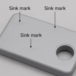 Sink marks visible on a molded plastic part, showing surface depressions near ribs and corner transitions