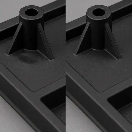 Comparison of sink mark on a molded rib feature versus corrected surface after improved cooling and packing.