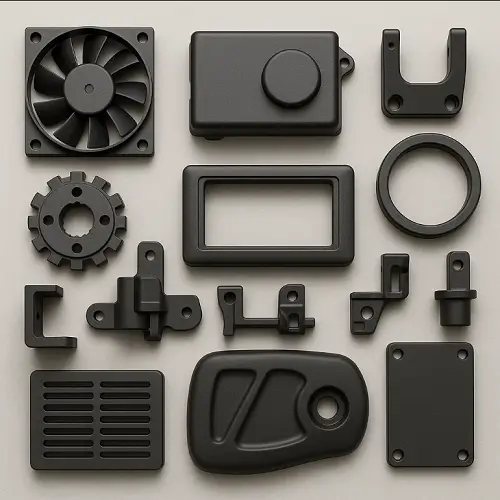 Examples of ABS injection molded components including electronic housings, appliance covers, and interior automotive parts 