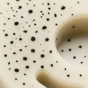 Black specks contamination on an injection-molded plastic part, caused by degraded resin or carbonized material