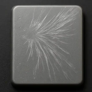 Splay marks on an injection-molded plastic part, showing silver streaks radiating from the flow direction.