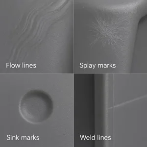 Overview image showing multiple injection molding defects, including examples of flow lines, splay marks, sink marks, and weld lines.