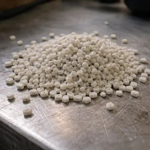 Glass-filled nylon pellets used for injection molding, showing rough pellet texture and fiber-reinforced material characteristics 