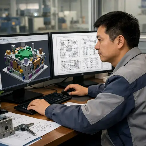 Mold engineer designing injection mold on CAD workstation at JeekMould