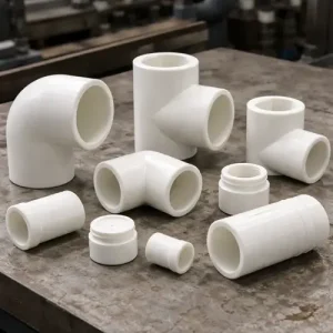 White HDPE injection molded pipe fittings with thick-wall structure, chemical-resistant polyethylene components used in industrial fluid systems