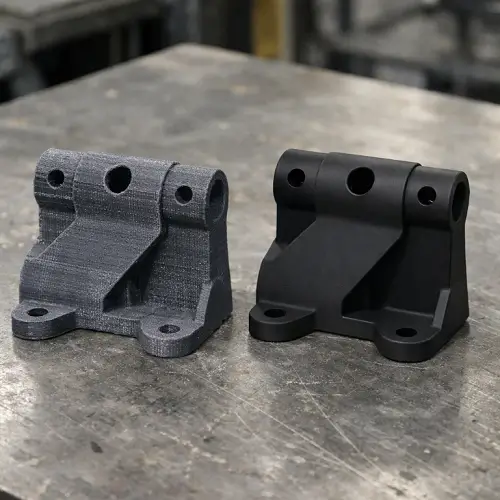 Side-by-side comparison of a 3D printed plastic prototype and an injection molded production part