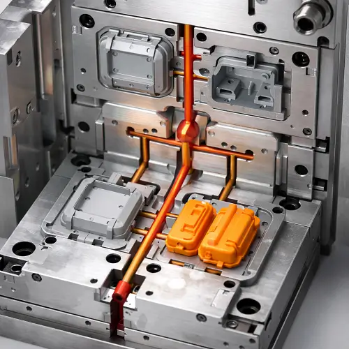 Close-up of an open family injection mold showing different plastic parts and a shared runner system