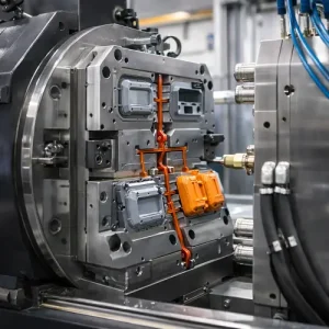 Realistic view of a family injection mold mounted on an injection molding machine
