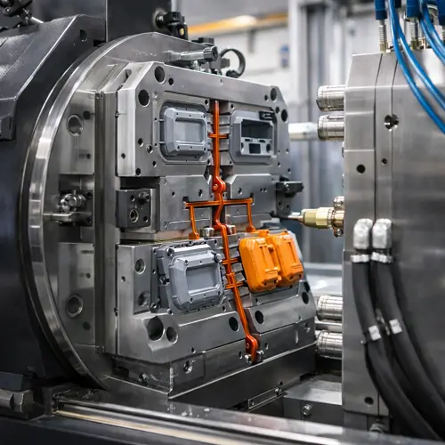 Realistic view of a family injection mold mounted on an injection molding machine