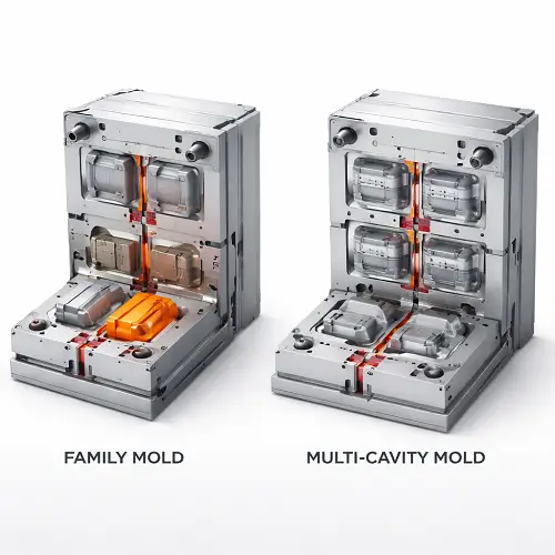 3D comparison of a family mold and a multi-cavity mold in injection molding
