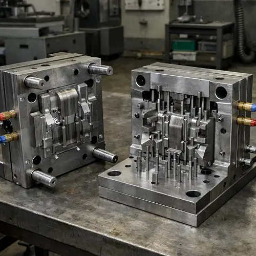 Injection mold tooling structure with visible cavity, core, and cooling channels used in plastic injection molding production