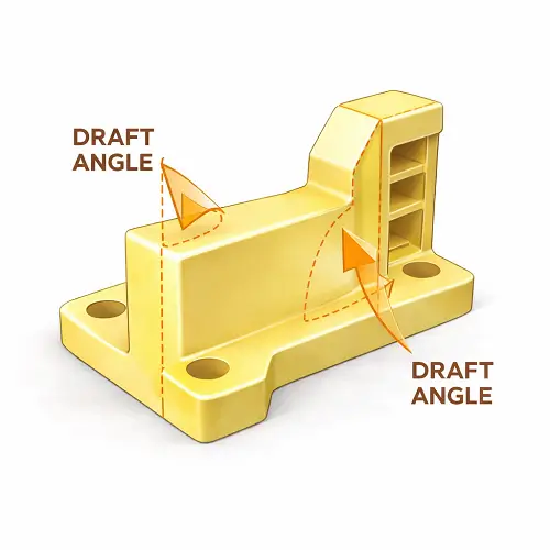 3D illustration of an injection molded plastic part showing draft angle on walls and vertical features