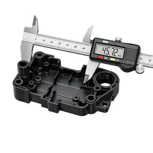 Injection molded plastic part measured with a digital caliper for tolerance inspection