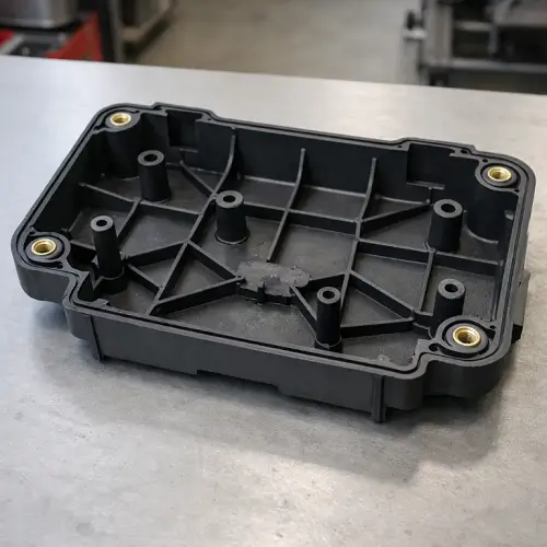 Injection molded plastic housing with rib reinforcement and consistent wall thickness affecting production cost
