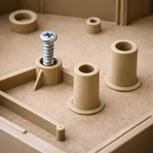 Real photo of molded plastic bosses inside a housing, including a screw boss and stand-off bosses