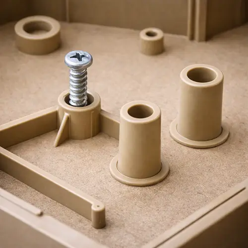 Real photo of molded plastic bosses inside a housing, including a screw boss and stand-off bosses