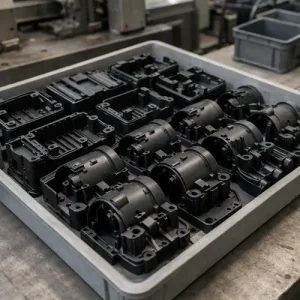 Batch of injection molded plastic parts arranged on a factory workbench during production