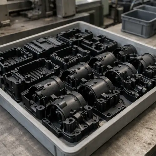 Batch of injection molded plastic parts arranged on a factory workbench during production