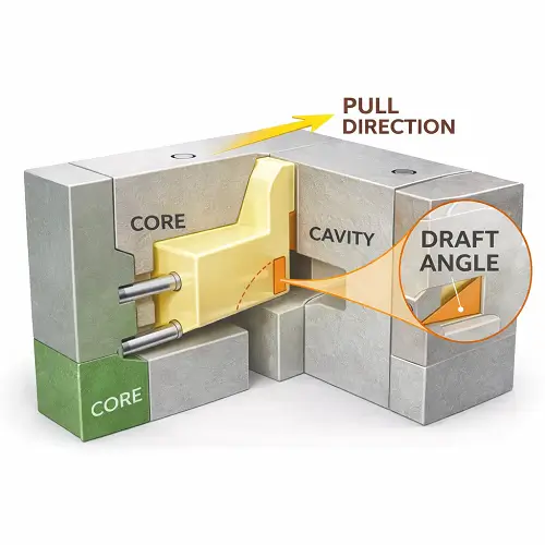 3D illustration of injection molding draft angle showing core, cavity, pull direction, and part ejection