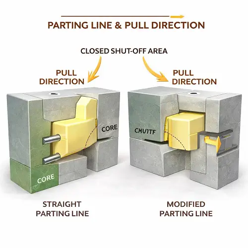 3D illustration comparing parting line and pull direction in injection molding shut-off design
