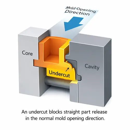 3D illustration of an injection molding undercut showing mold opening direction, core, cavity, and trapped part geometry