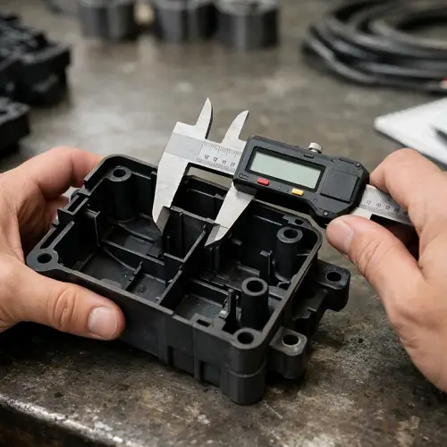 Quality inspection of an injection molded plastic part using digital calipers in a factory