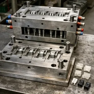 Open injection mold tool showing steel cavity and core beside plastic prototype parts on a workshop table