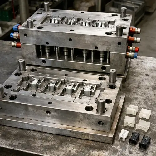 Open injection mold tool showing steel cavity and core beside plastic prototype parts on a workshop table