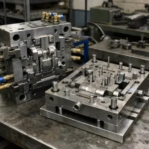 Open injection mold tool with a transparent plastic part showing internal ribs and bosses on a workshop table
