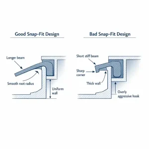 Good vs bad snap-fit design for injection molded parts showing beam length, root radius, and wall thickness differences