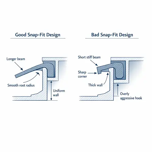 Good vs bad snap-fit design for injection molded parts showing beam length, root radius, and wall thickness differences