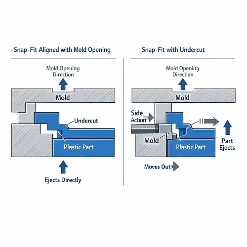 Snap-fit undercut design showing when side actions are required in injection molding