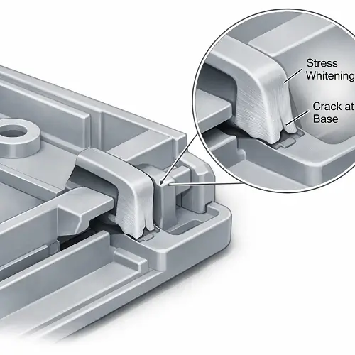 Snap-fit whitening and cracking at the root during plastic housing assembly