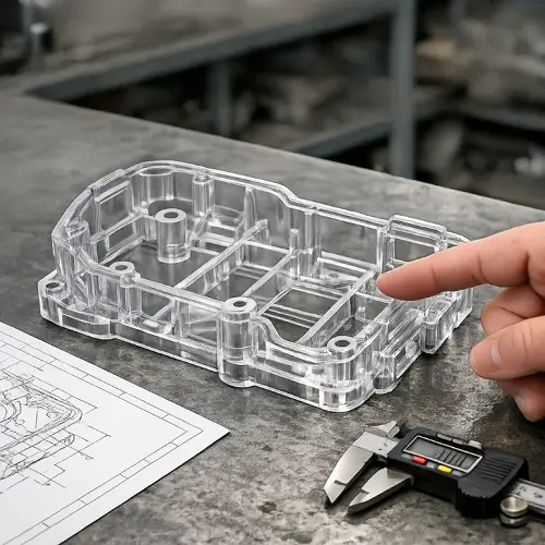 Transparent plastic part with complex geometry being reviewed for mold design and cost evaluation