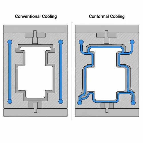 2D diagram comparing conventional cooling and conformal cooling channels in an injection mold