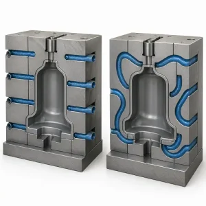 3D comparison of conformal cooling and conventional cooling channels in an injection mold