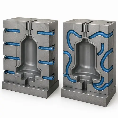 3D comparison of conformal cooling and conventional cooling channels in an injection mold