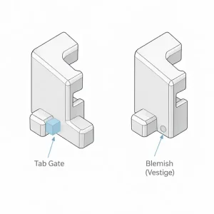 Tab gate and resulting gate vestige on an injection molded plastic part