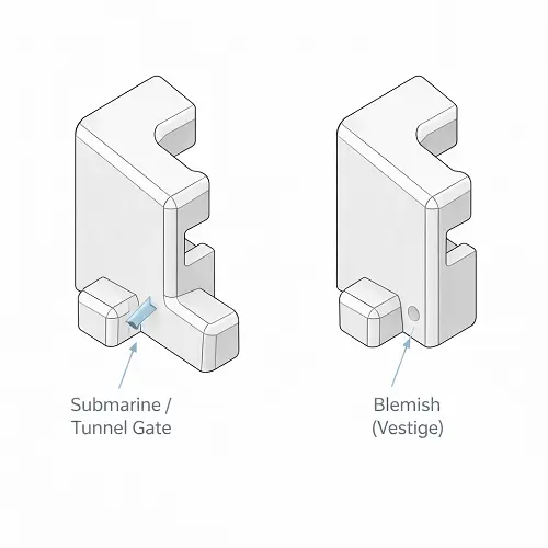 Tunnel gate and resulting gate vestige on an injection molded plastic part