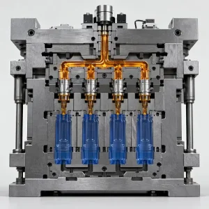 3D cross section of a hot runner mold design with manifold, nozzles, and cavity feed layout