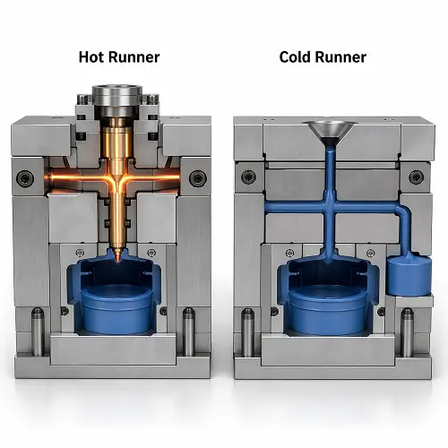 3D comparison of hot runner and cold runner molds in injection molding