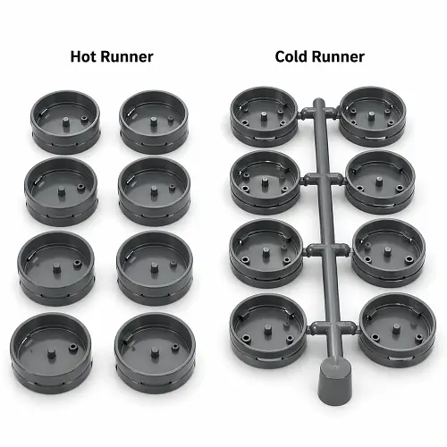 3D comparison of hot runner and cold runner production output showing runner waste difference