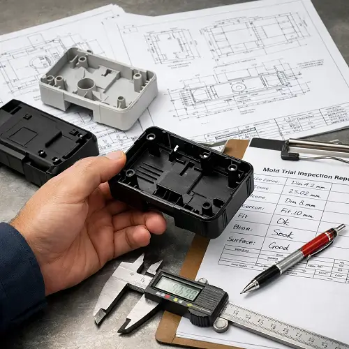 Injection molding trial samples being inspected for dimensions, appearance, and part quality
