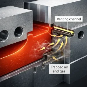 Injection molding venting and gas flow path in a mold cavity cross section