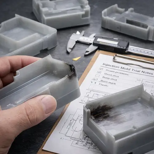 Injection molding trial samples being inspected for venting-related problems