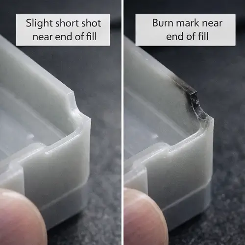 Short shot and burn mark in the same injection molded part area caused by poor venting