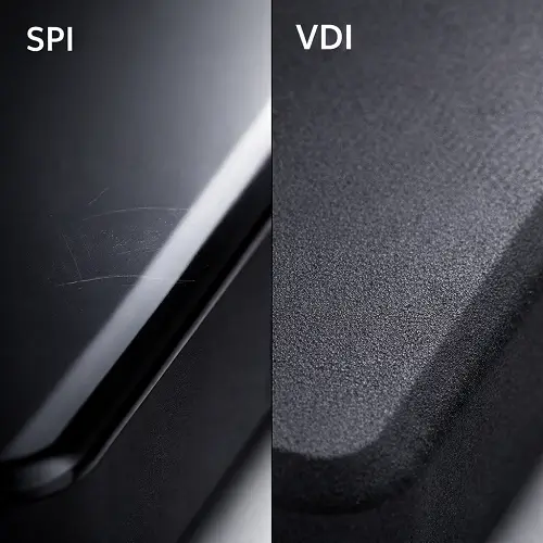 Close-up detail of SPI and VDI surface finishes on injection molded plastic parts